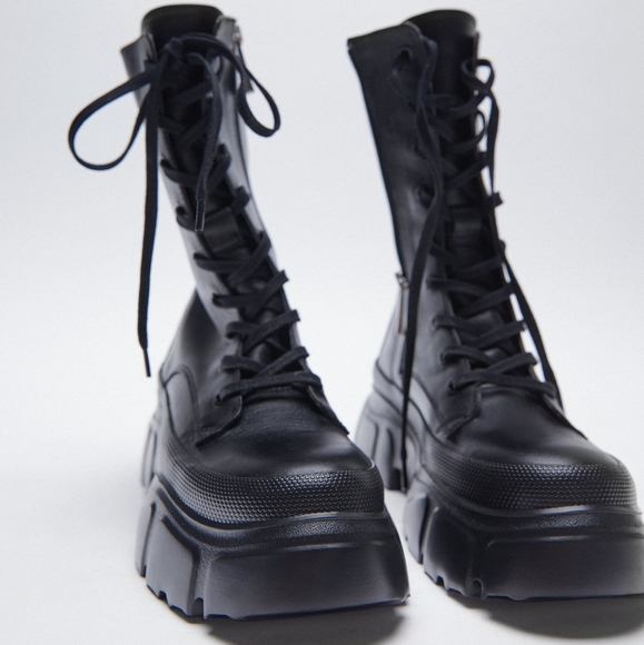 NWT ZARA | Lug Sole Combat Laced Leather Boots - Picture 11 of 16